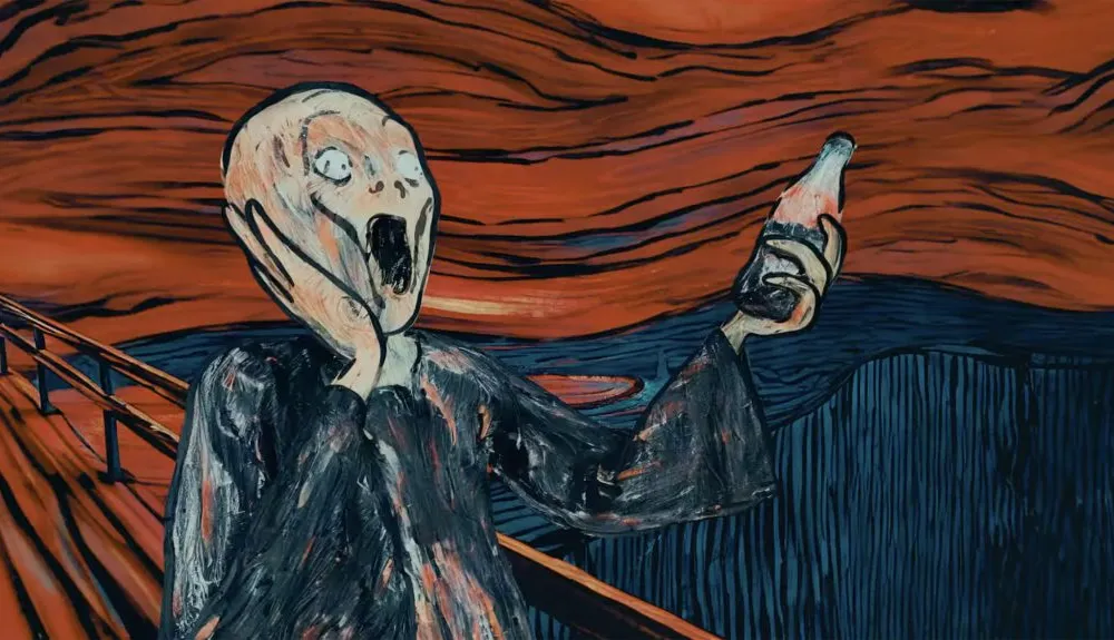 Figure from The Scream holding a Coke