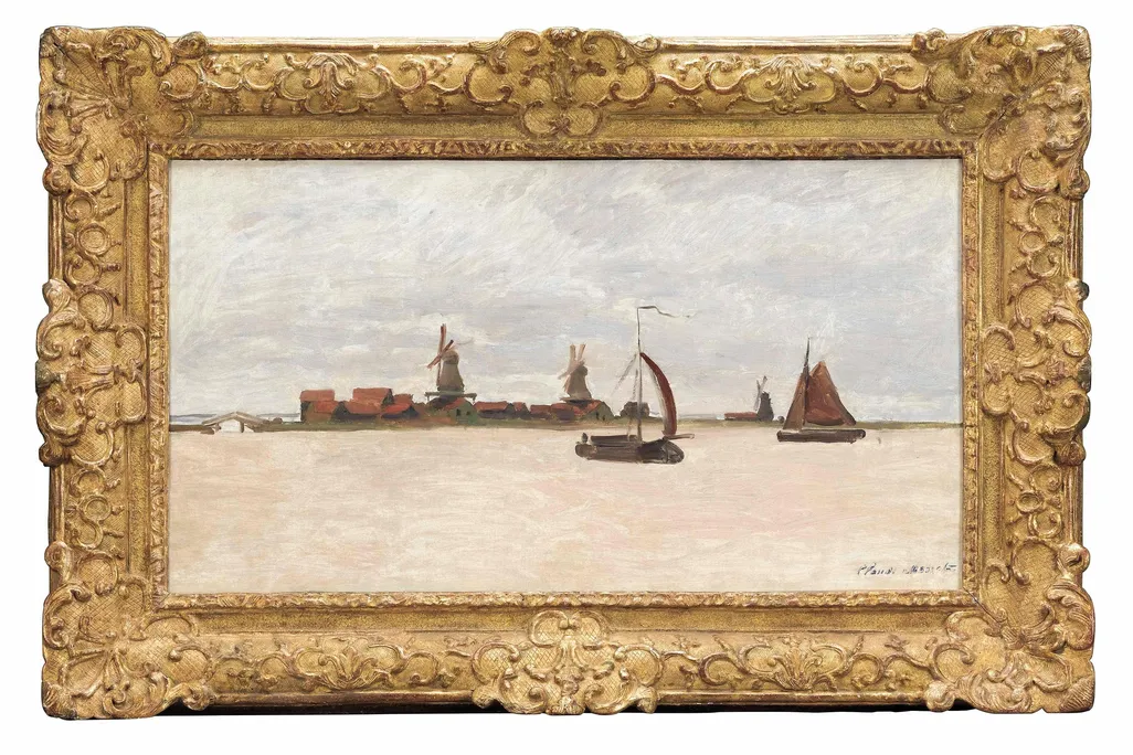 A muted gray painting of a pinkish sea, with sailboats, a horizon and small houses and three windmills in the distance