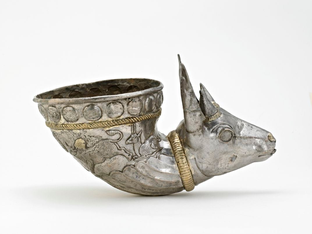 Silver Sasanian drinking horn with head of a gazelle, dated to between 300 and 400 C.E.