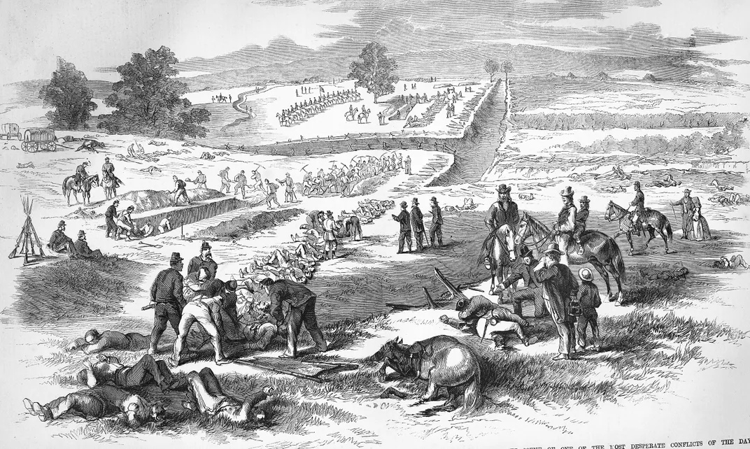 Illustration of the burial of the dead on the Antietam battlefield