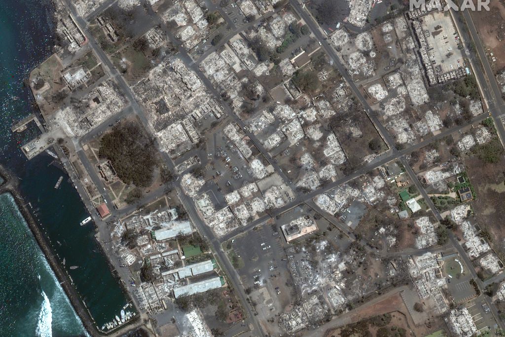 Satellite imagery showing the burned remains of buildings in the town of Lahaina