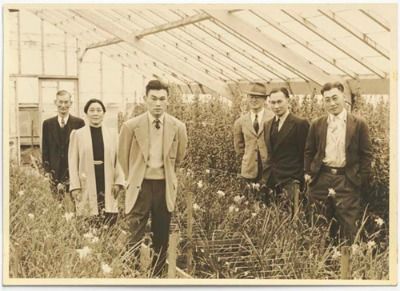 Fred Korematsu and family in their flower nursery in Oakland, CA.