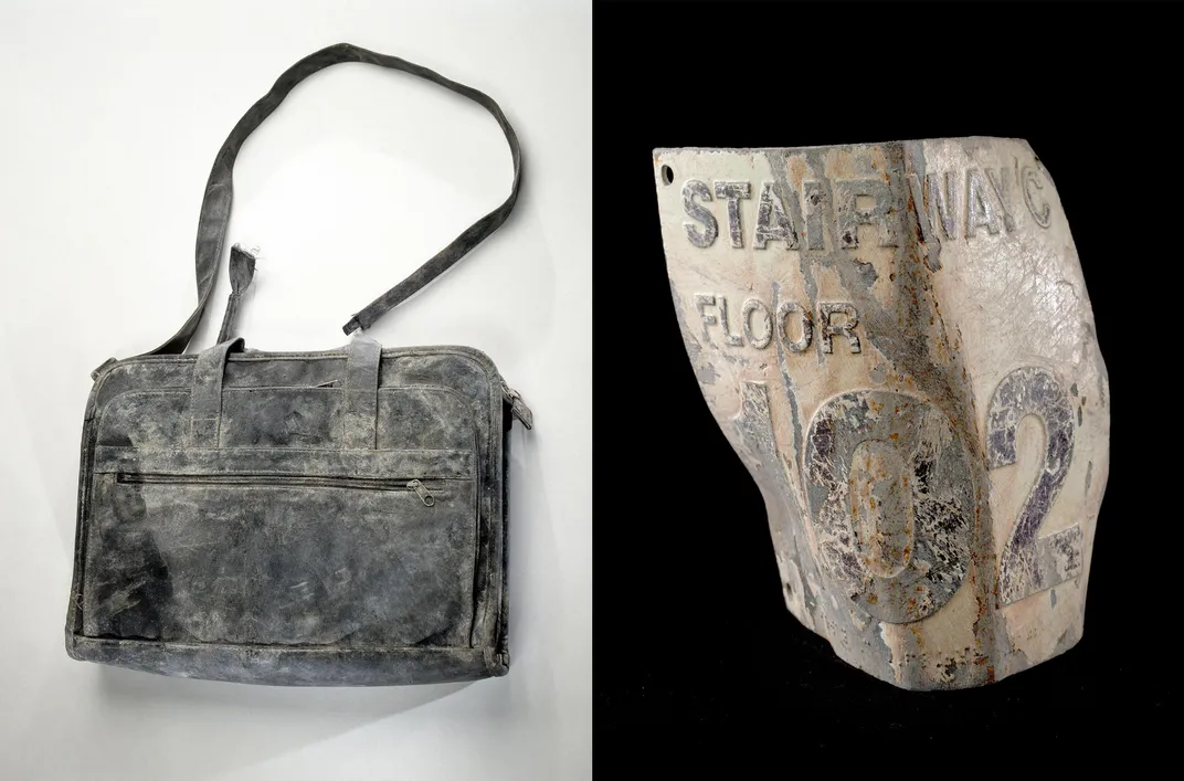 A briefcase left behind by Aon Risk Services employee Lisa Lefler (left) and a damaged floor marker recovered from the debris of the World Trade Center (right)