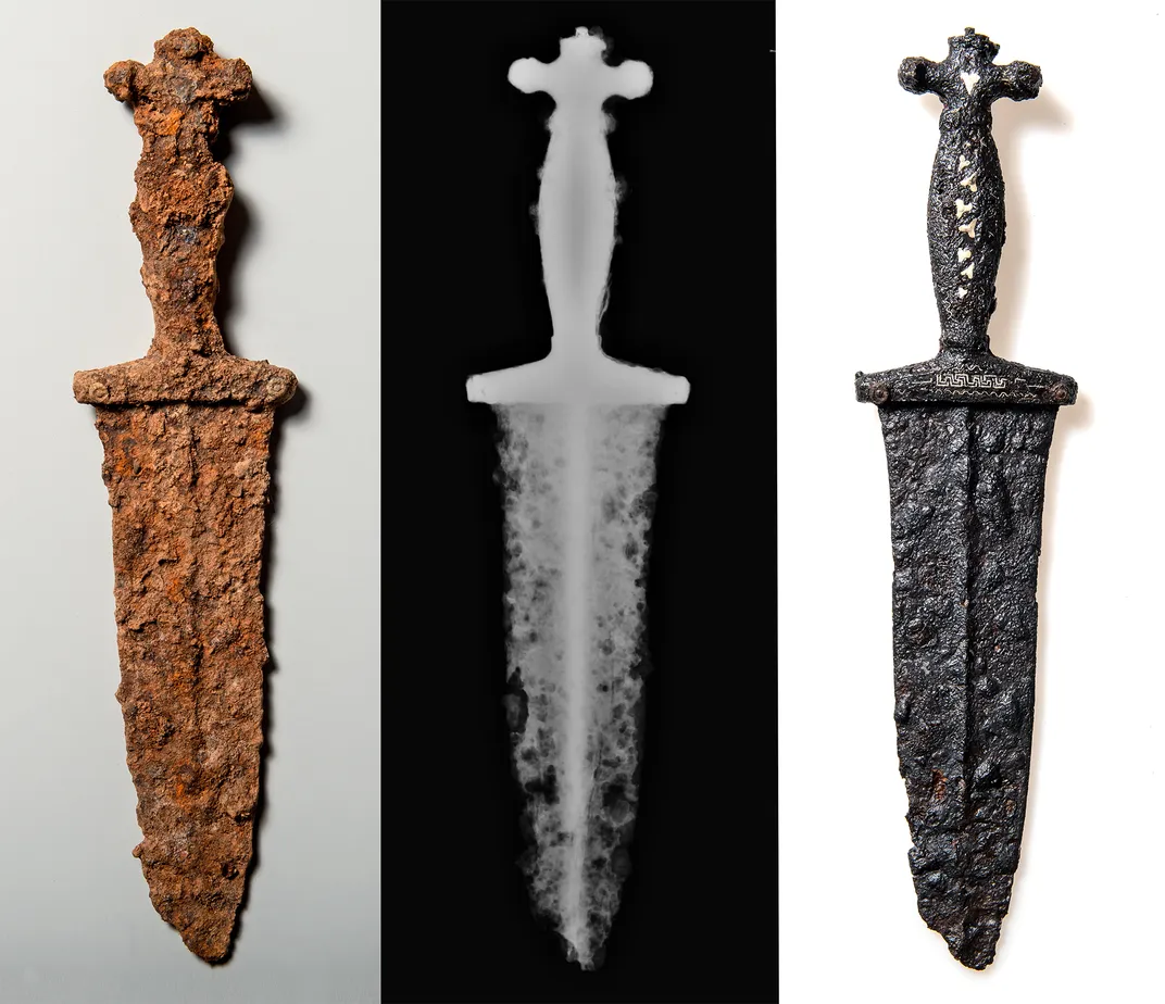 L to R: The dagger prior to restoration, as seen in an X-ray and after restoration