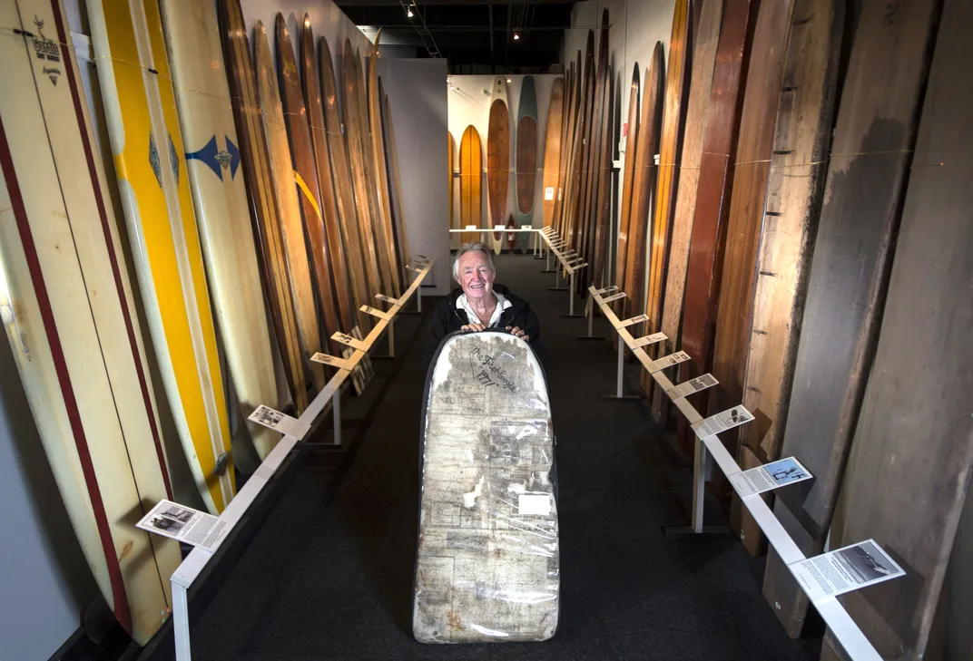 Tom Morey shows off his first Boogie Board