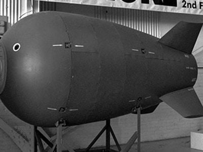 A replica of the lost Mark IV nuclear bomb at the Royal Aviation Museum of Western Canada