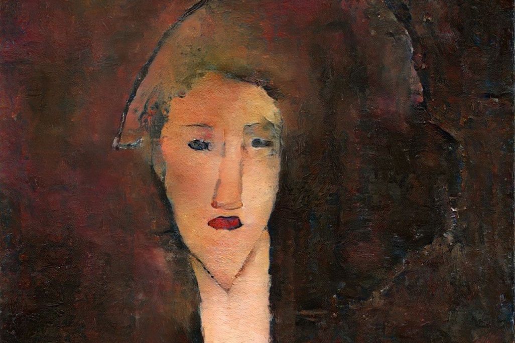 A painting of a pale woman with red lips, dark brown hair in front of a multicolored brown and red background