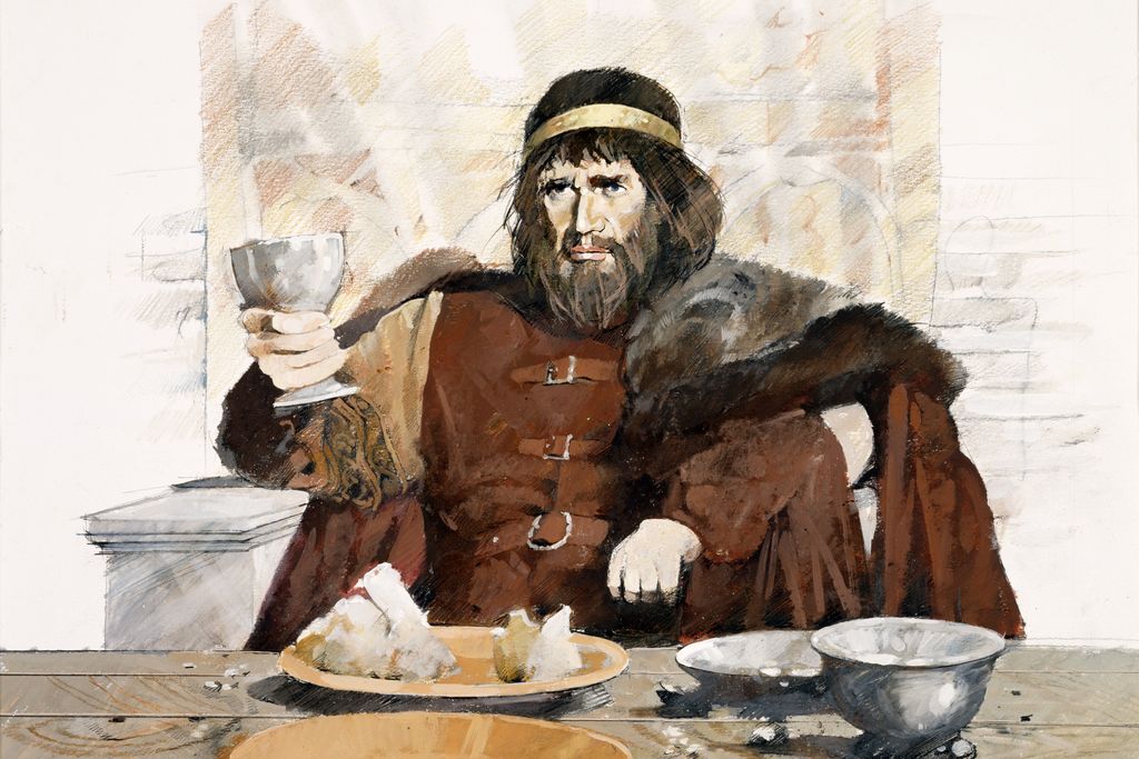 Drawing of an early medieval king eating and drinking at Tintagel Castle in England