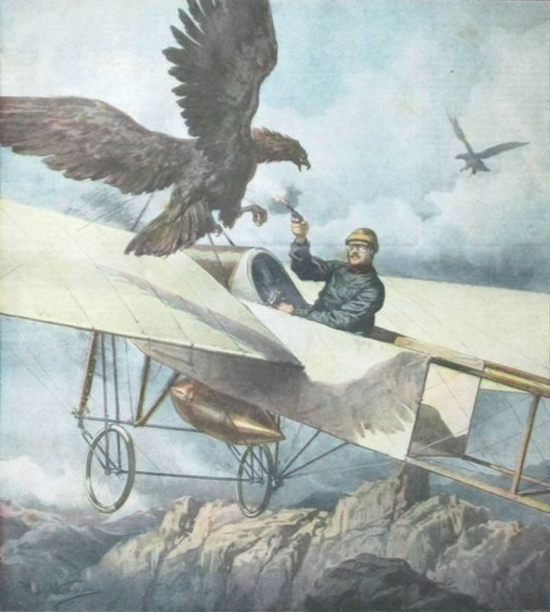 Eugene Gilbert in Bleriot XI attacked by eagle over Pyrenees in 1911 depicted in this painting
