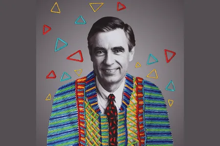 To illustrate this article, artist Victoria Villasana applied colorful yarn to a photograph of Fred Rogers wearing his signature zippered cardigan.
