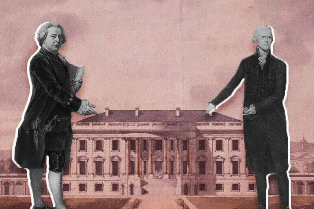 John Adams and Thomas Jefferson standing in front of the White House
