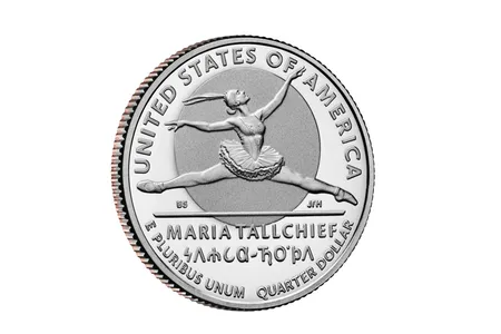On the new U.S. quarter, sculptor Joseph Menna and designer Benjamin Sowards depict Tallchief floating through the air in the middle of a dramatic leap in The Firebird.