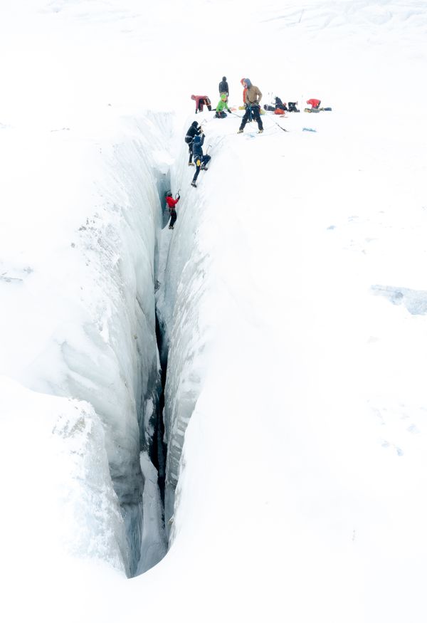 Students practice ice climbing and crevasses rescue on the flanks of the Athabasca Glacier.