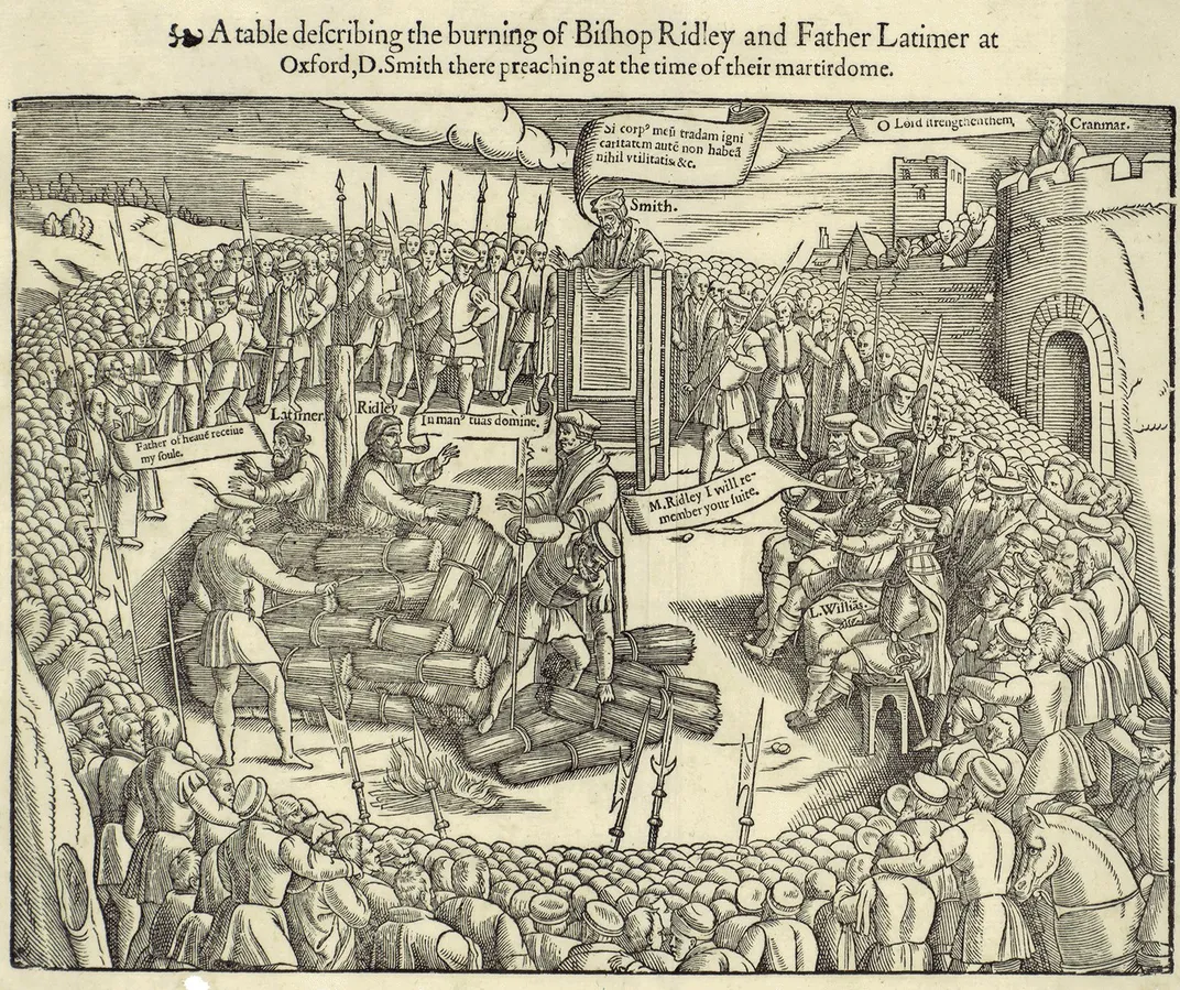 A woodcut depicting the burnings of Protestant reformers Hugh Latimer and Nicholas Ridley