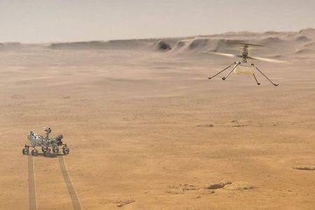 Artist’s rendition of Ingenuity flying on Mars. 