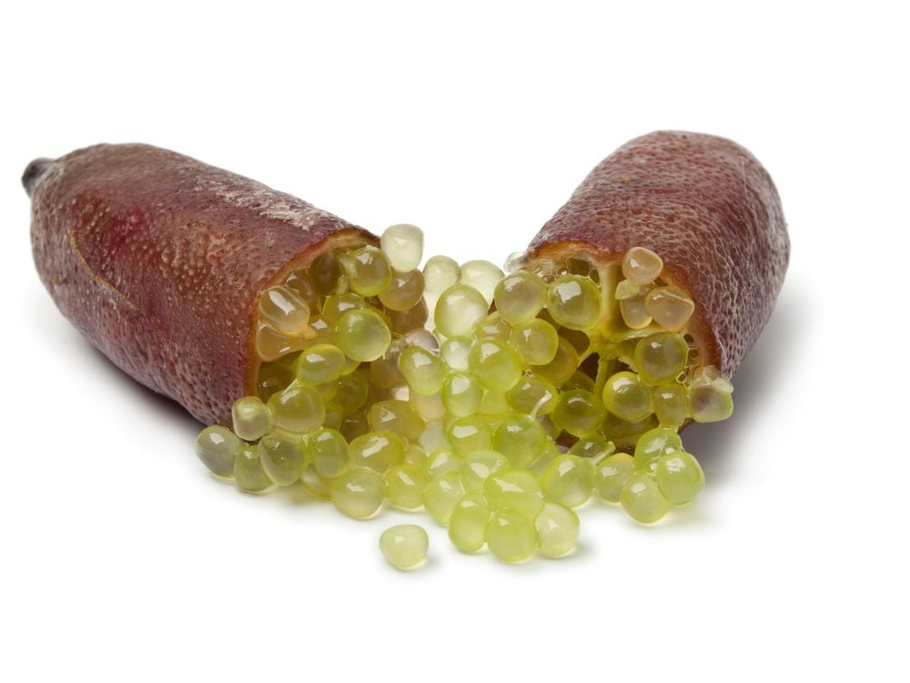 A lime finger broken open; the fruit is ovular with a brown outer layer and pulp sometimes described as "citrus caviar"