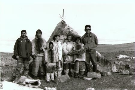 Members of Isuma (Left to right: Norman Cohn, Pauloosie Qulitalik, Lizzie Qulitalik, Mary Qulitalik, Rachel Uyarashuk, Jonah Uyarashuk, Zacharias Kunuk) on the set of "Nunaqpa (Going Inland)," 1990.

 

 

