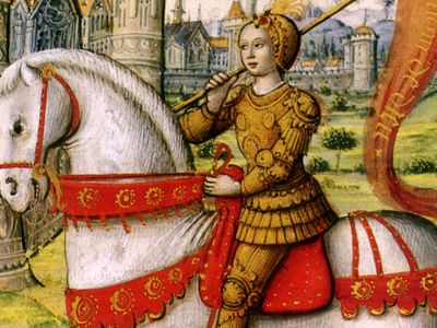 Joan of Arc on horseback in an illustration from a 1505 manuscript.