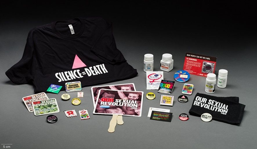 AIDS shirts, medicine bottles and buttons.