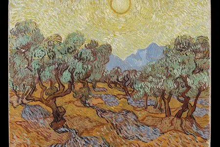 Olive Trees With Yellow Sky and Sun, oil on canvas, 1889. Van Gogh painted several of his most famous works while at the asylum, including his Iris series and The Starry Night.