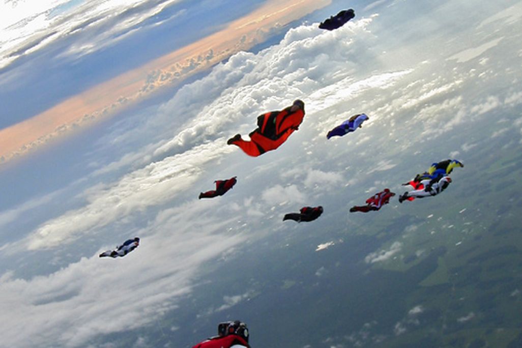 Airborne with a group of wingsuit flyers at last October's Z-Flock 3.5 event.