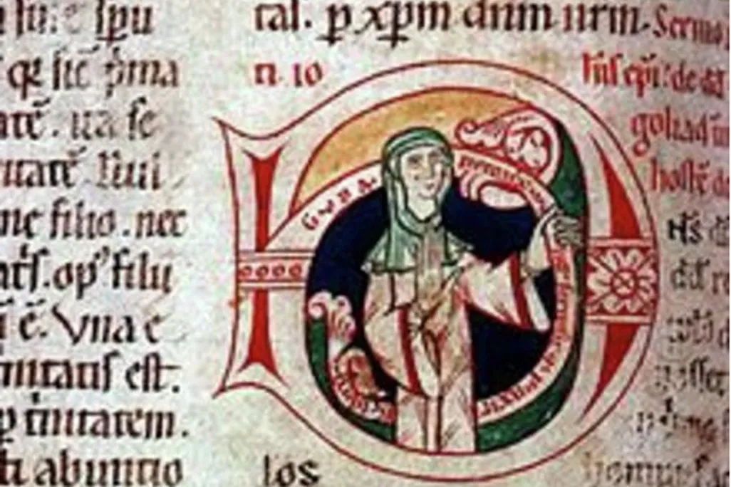 Writing on a page with an illustration of a woman