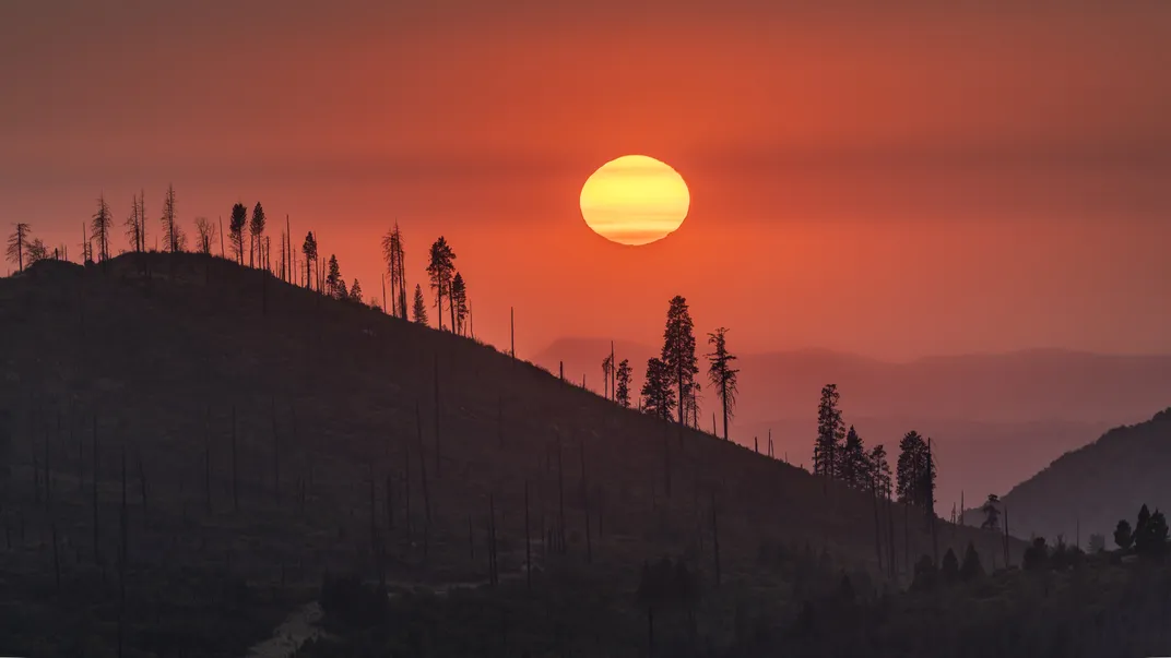 Orange and red hues, caused by wildfires, color the sky