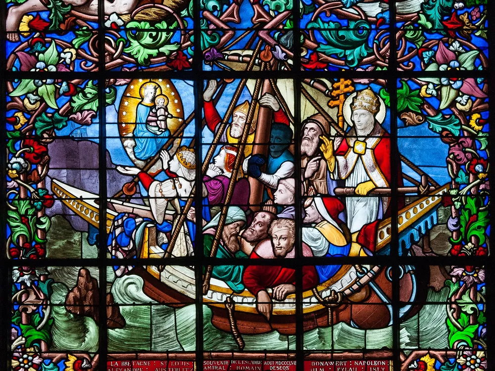 A stained-glass window depicting Empress Matilda's voyage from England to Normandy