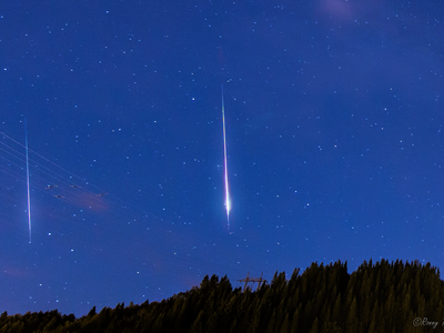 A combined shot shows two Perseids falling a minute apart over Bergen, Norway, on August 13.