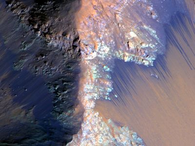 Recurring Slope Lineae (RSL) appear as dark streaks on the slopes of Coprates Chasma on Mars. 