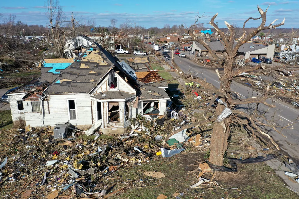 An image of the aftermath after a tornado ripped through Mayfield, Kentucky.