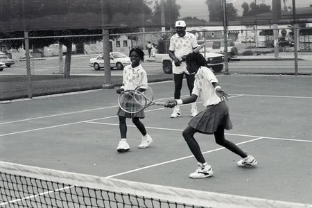 The black-and-white stills represent the spirit rendered by King Richard, the new film starring Will Smith as the Williams sisters&rsquo; father, coach and mentor.