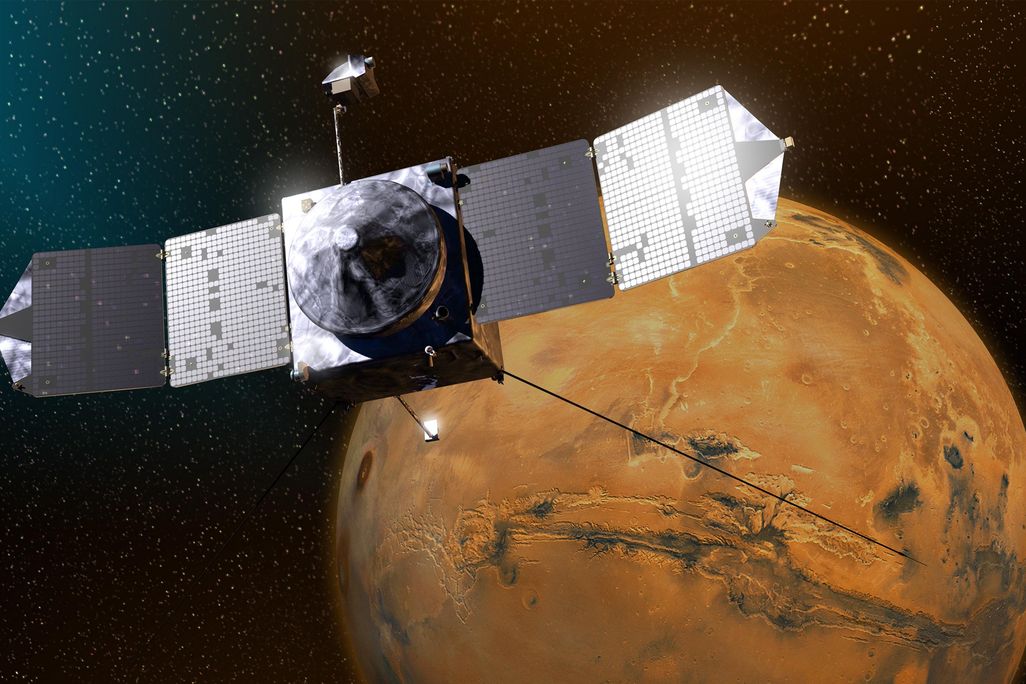 An artistic rendering of MAVEN in front of Mars