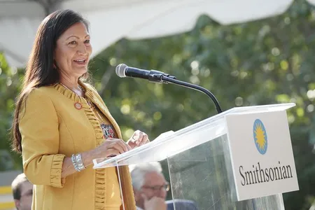 Deb Haaland speaks at the Groundbreaking Ceremony for the National Native American Veterans Memorial, Saturday, Sept. 21, 2019.
