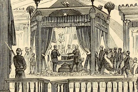 An illustrated depiction of a scene of Lincoln lying in state