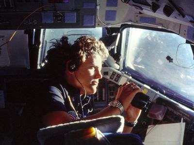 Astronaut Kathy Sullivan during her first space shuttle mission in 1984, when she became the first American woman to walk in space.