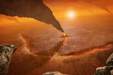 The surface of Venus (shown here in an artist's conception, with erupting volcanoes) is too hot for life. But what about the clouds above?