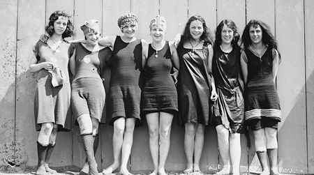 Seven female swimmers at the Tidal Basin in Washington, D.C., 1920