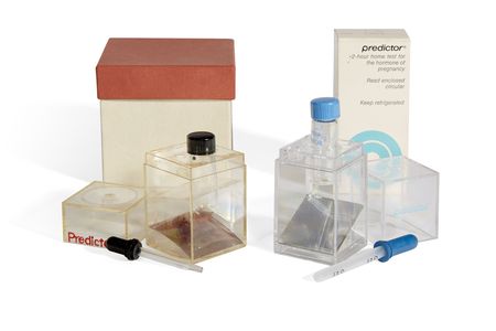 A prototype of the Predictor pregnancy test (left) and the test as it went to market in the late 1970s (right). 