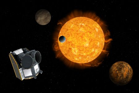 An artist impression of Cheops, the CHaracterising ExOPlanet Satellite, with an exoplanet system in the background
