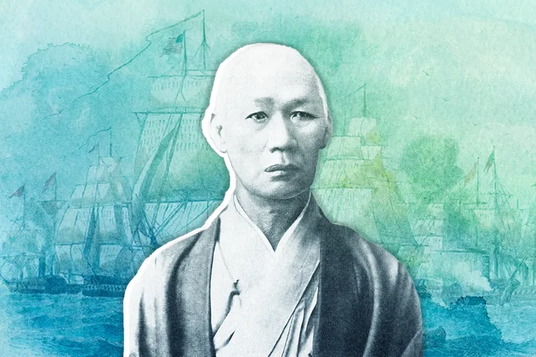 Illustration of Manjiro in front of Matthew Perry's fleet