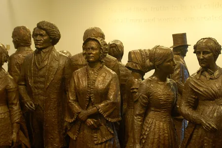 A statue of the people present at the 1848 Seneca Falls Convention can be seen at the Women's Rights National Historical Park in Seneca Falls.