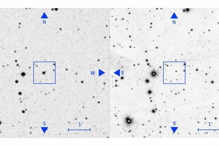 Where'd it go? An image taken in the 1950s (left) shows a large object at center that doesn't appear in an image of the same field taken more recently.