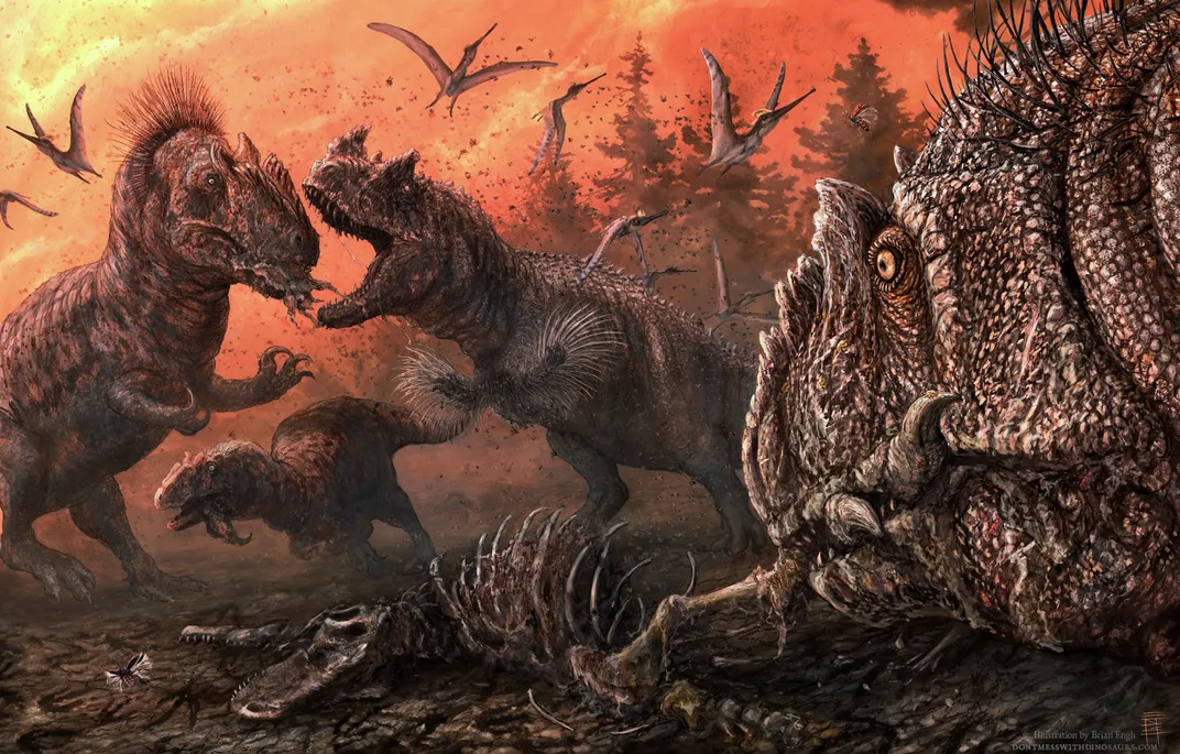 an illustration of dinosaurs fighting to scavenge meat from a carcass