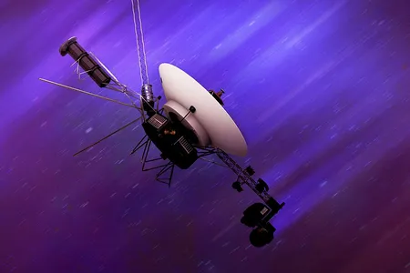 An artistic conception of one of the Voyagers speeding through space