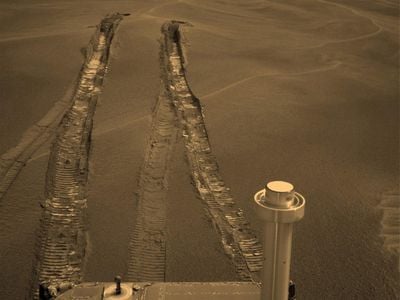 The Opportunity rover looks back after escaping a sandtrap on Mars.