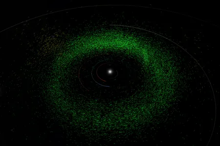 An angled view of the solar system with main asteroid belt discoveries in green and near-Earth objects in light blue.