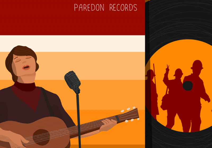 illustration of woman strumming guitar and singing, as well as a record with soldiers silhouetted in the center