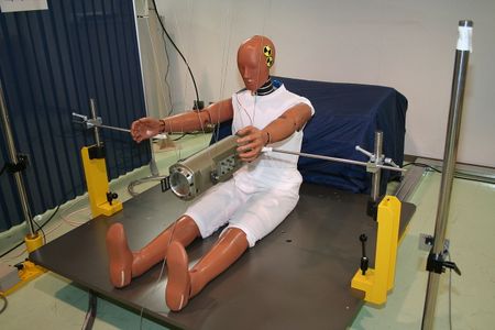 A Hybrid III model crash test dummy.