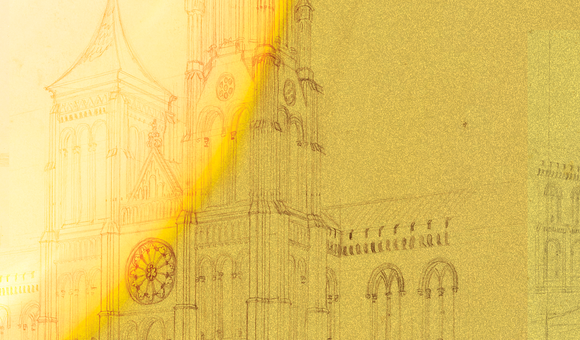 (James Renwick Jr., Sketch of the north tower of the Smithsonian Castle, 1846. Smithsonian Institution Archives. Graphic treatment by Deanna Luu)